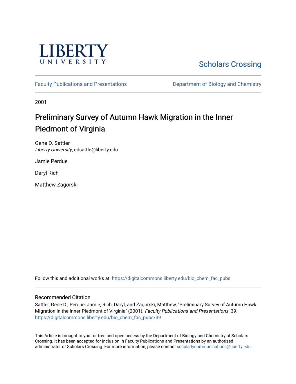 Preliminary Survey of Autumn Hawk Migration in the Inner Piedmont of Virginia