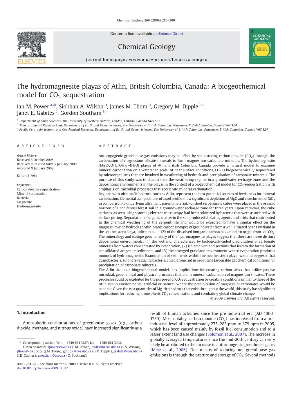 The Hydromagnesite Playas of Atlin, British Columbia, Canada: a Biogeochemical Model for CO2 Sequestration Ian M