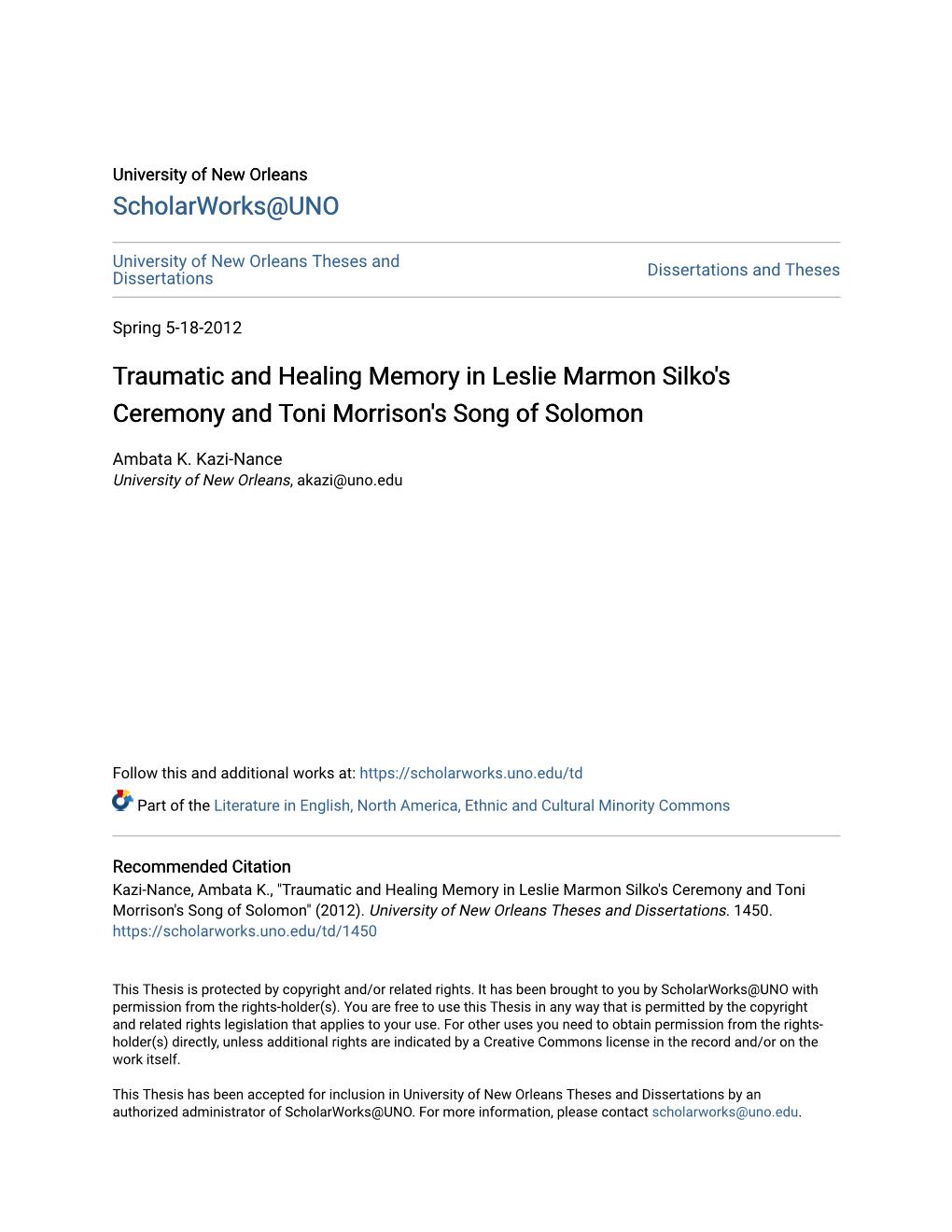 Traumatic and Healing Memory in Leslie Marmon Silko's Ceremony and Toni Morrison's Song of Solomon