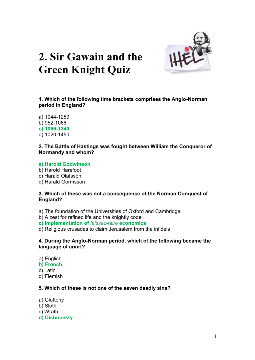 Sir Gawain and the Green Knight Quiz