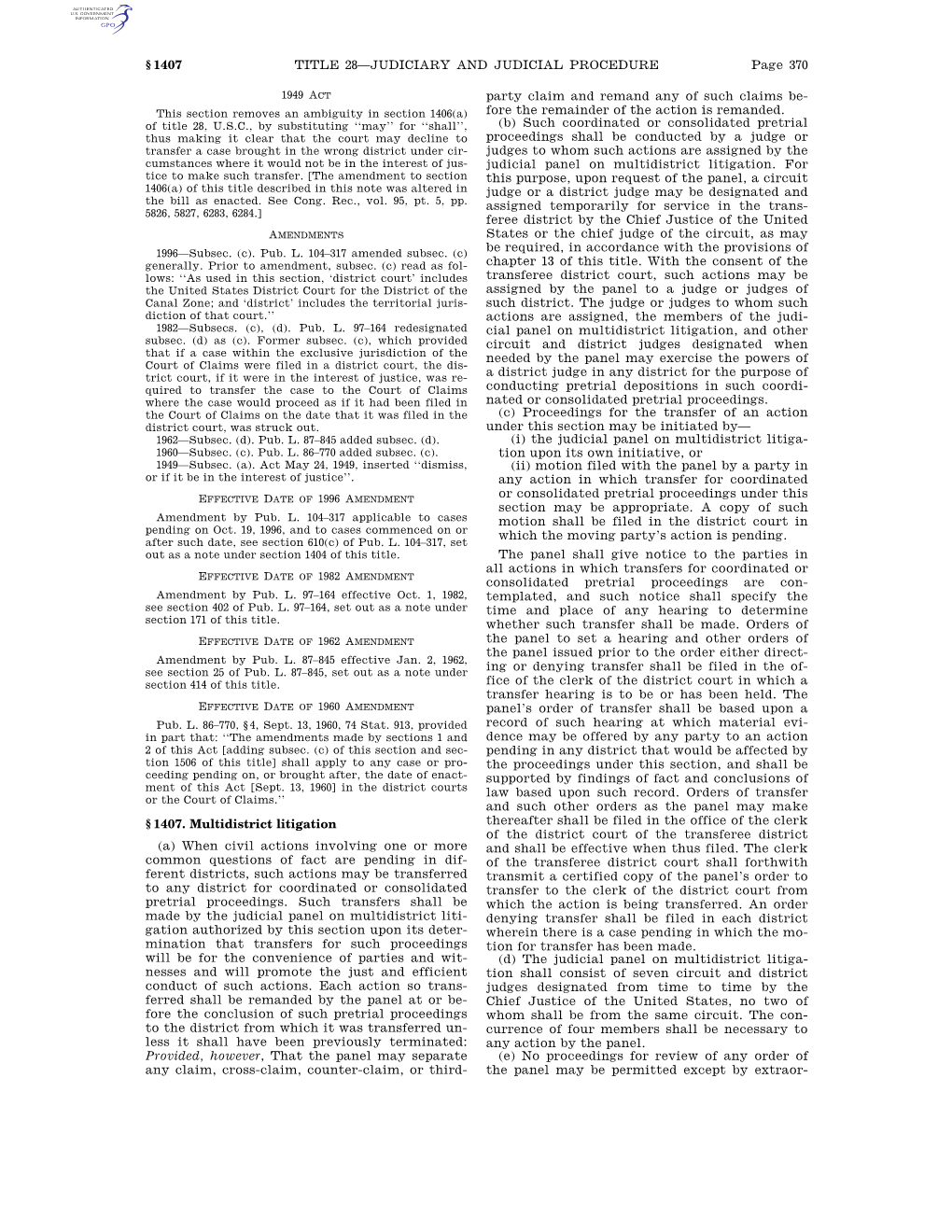 Page 370 TITLE 28—JUDICIARY and JUDICIAL PROCEDURE