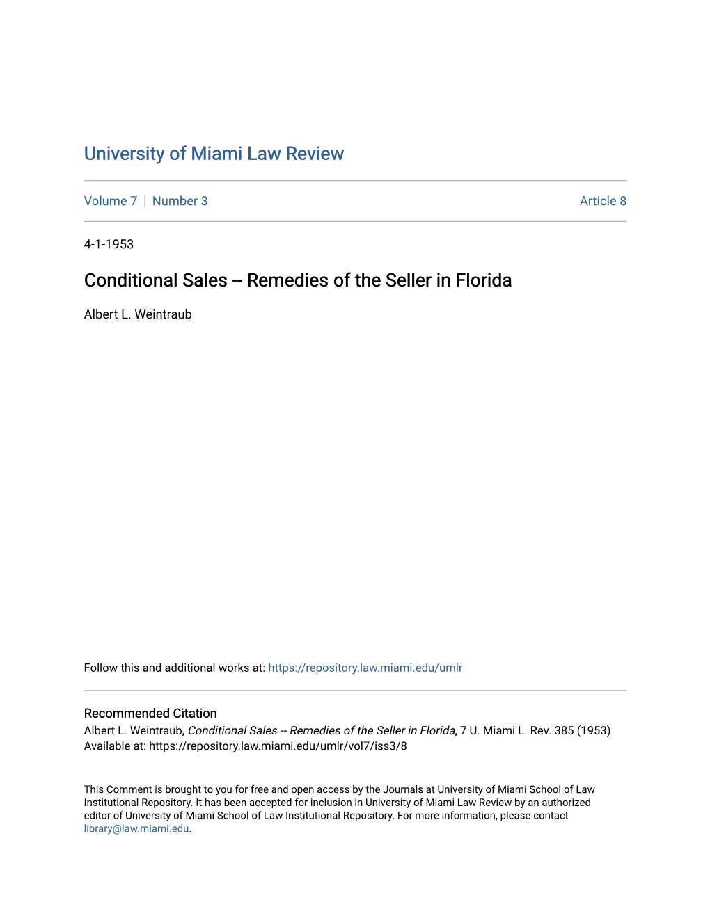 Conditional Sales -- Remedies of the Seller in Florida