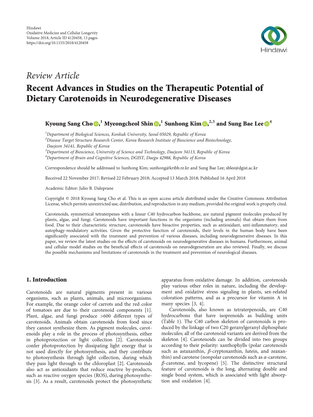 Review Article Recent Advances in Studies on the Therapeutic Potential of Dietary Carotenoids in Neurodegenerative Diseases