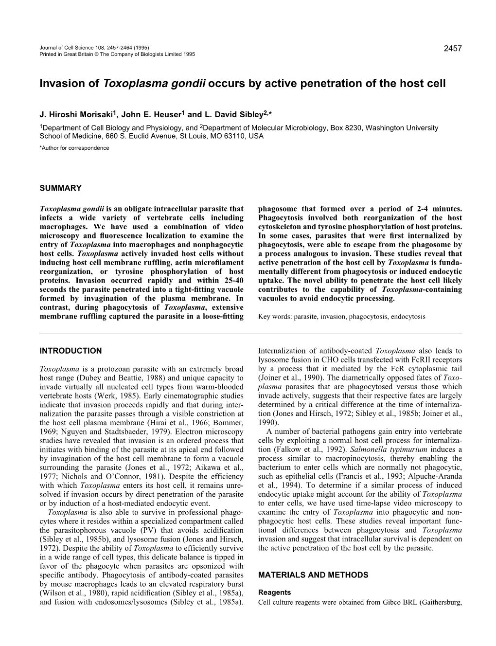 Invasion of Toxoplasma Gondii Occurs by Active Penetration of the Host Cell