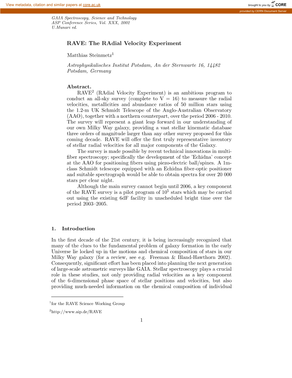 RAVE: the Radial Velocity Experiment