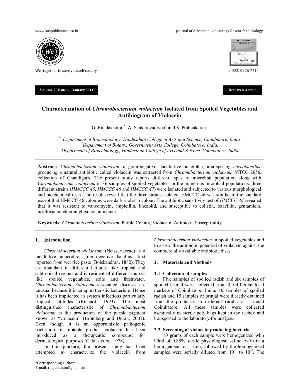 Characterization of Chromobacterium Violaceum Isolated from Spoiled Vegetables and Antibiogram of Violacein