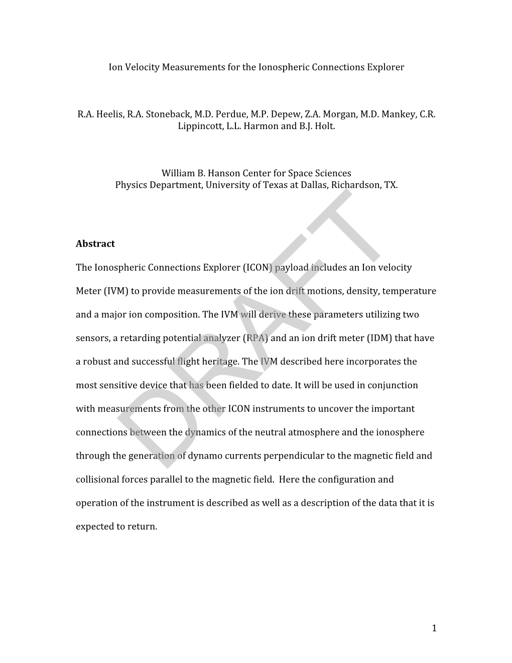 1 Ion Velocity Measurements for the Ionospheric Connections Explorer