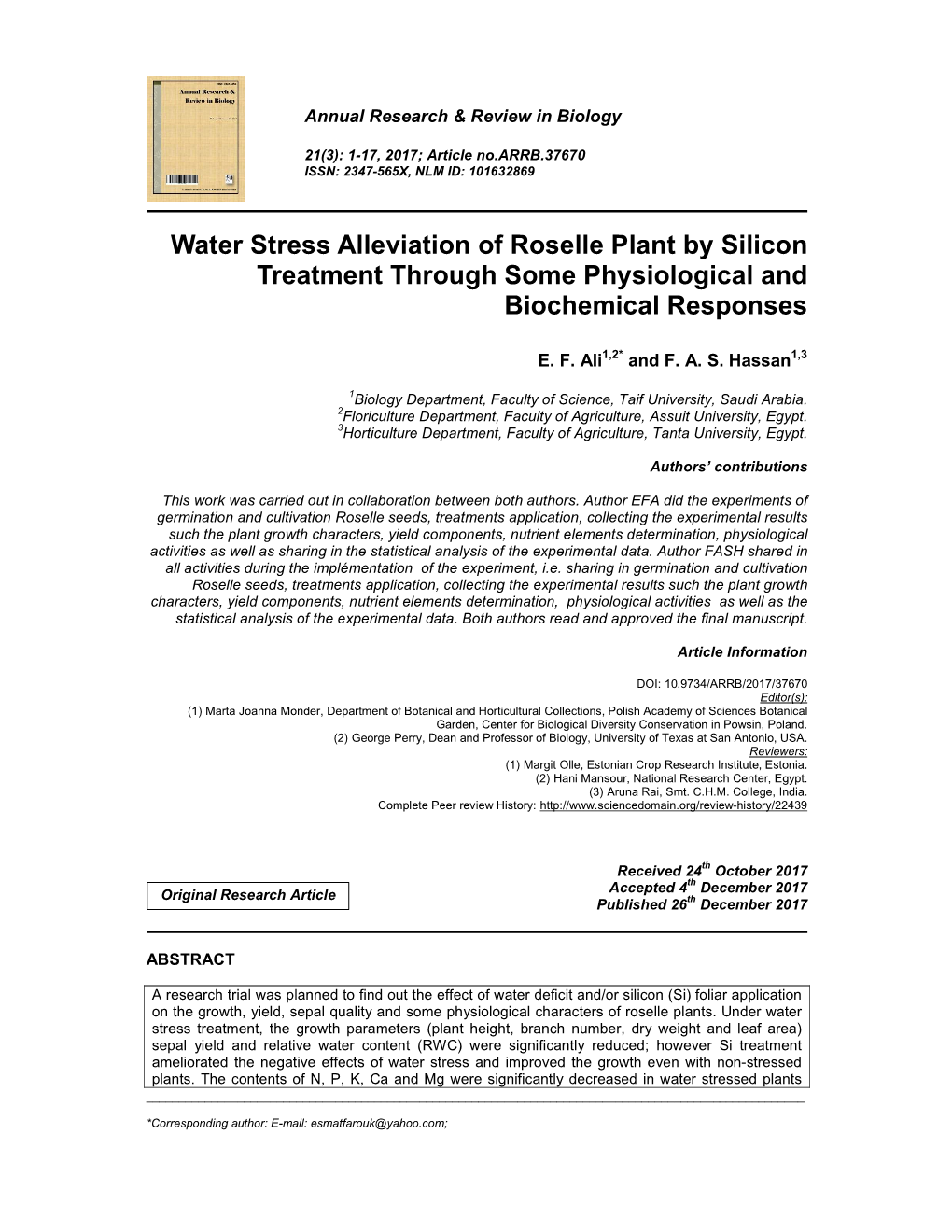 Water Stress Alleviation of Roselle Plant by Silicon Treatment Through Some Physiological and Biochemical Responses