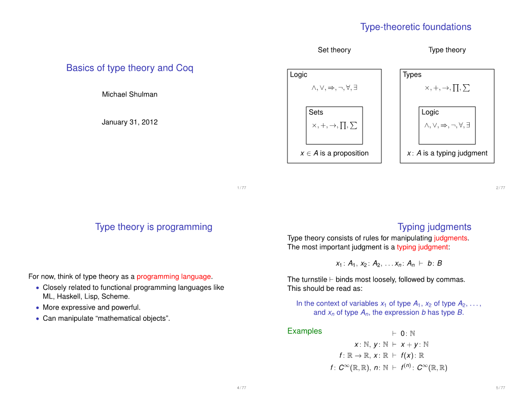 Basics of Type Theory and Coq Logic Types ∧, ∨, ⇒, ¬, ∀, ∃ ×, +, →, Q, P Michael Shulman