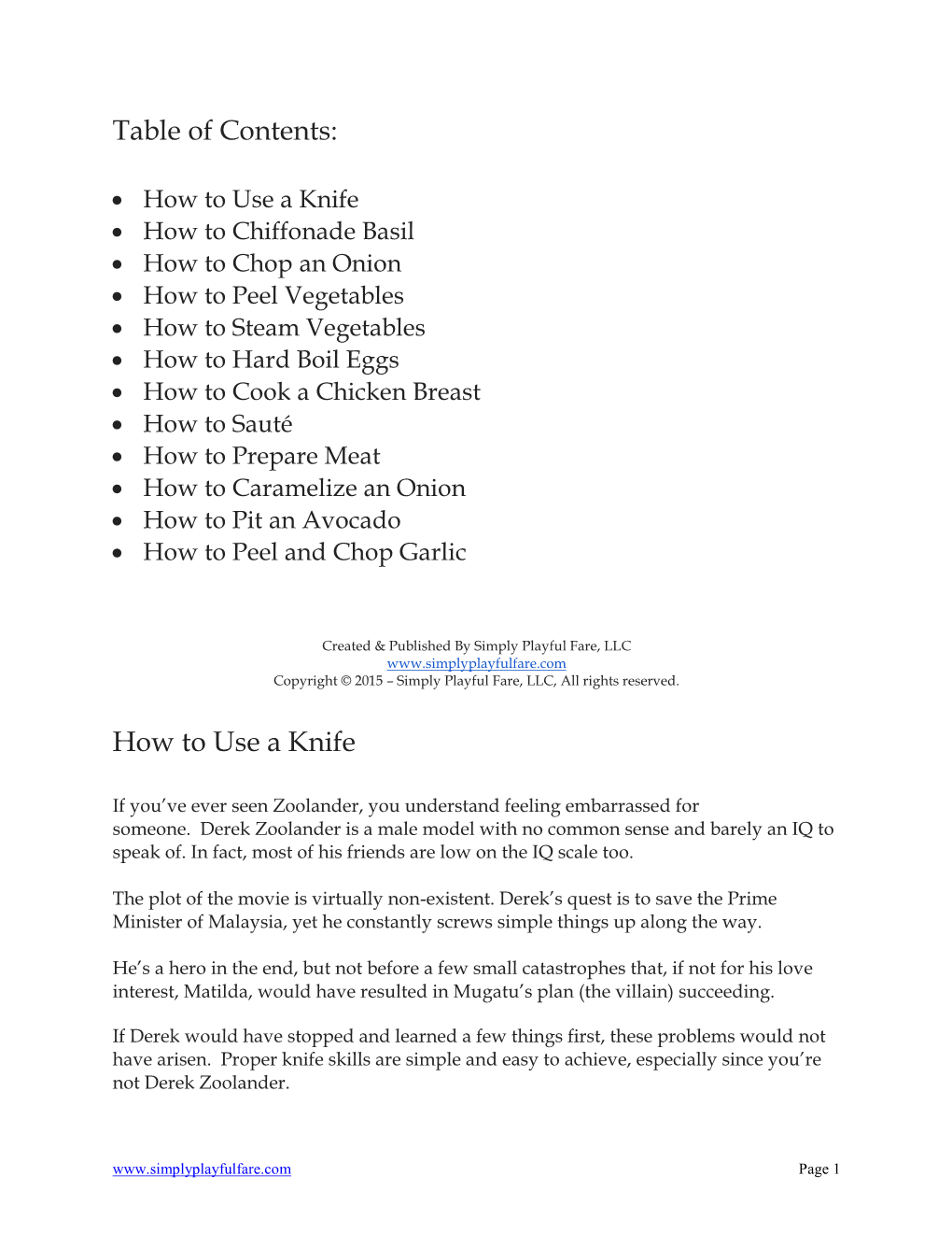 Table of Contents: How to Use a Knife