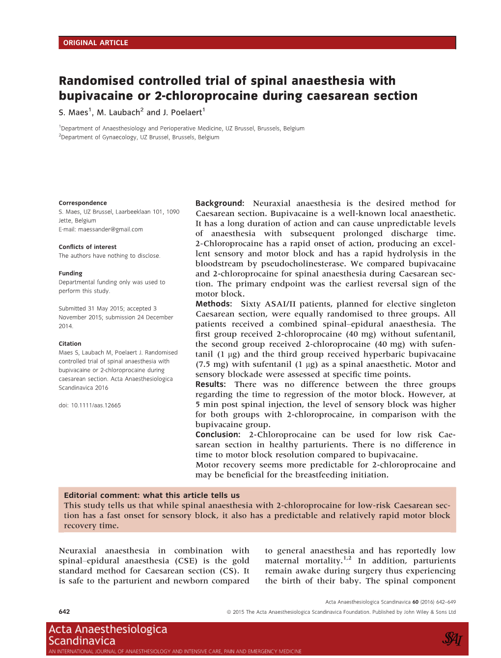 Chloroprocaine During Caesarean Section S