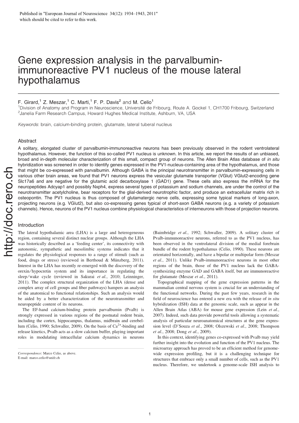 Gene Expression Analysis in the Parvalbuminimmunoreactive PV1 Nucleus of the Mouse Lateral Hypothalamus