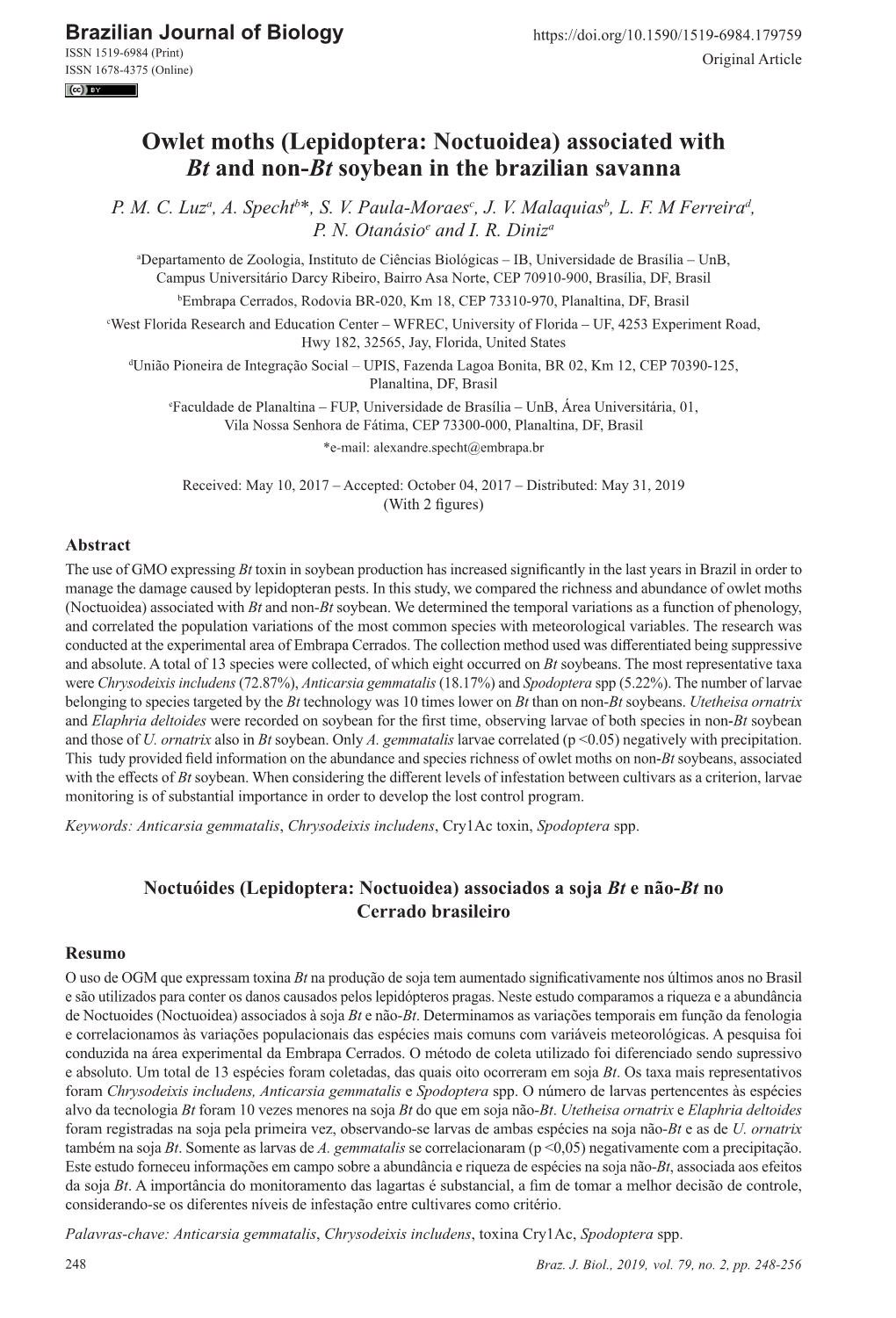 (Lepidoptera: Noctuoidea) Associated with Bt and Non-Bt Soybean in the Brazilian Savanna P