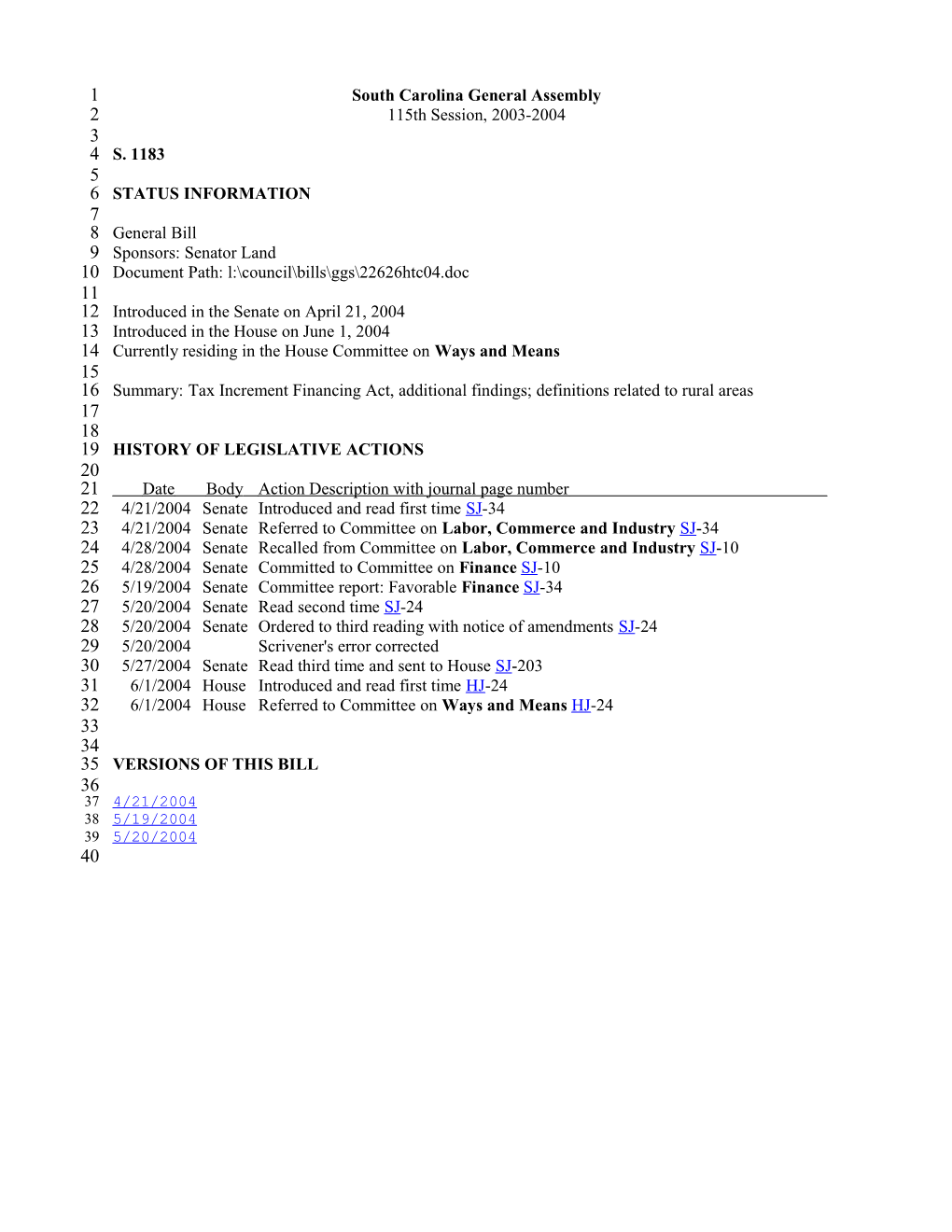 2003-2004 Bill 1183: Tax Increment Financing Act, Additional Findings; Definitions Related