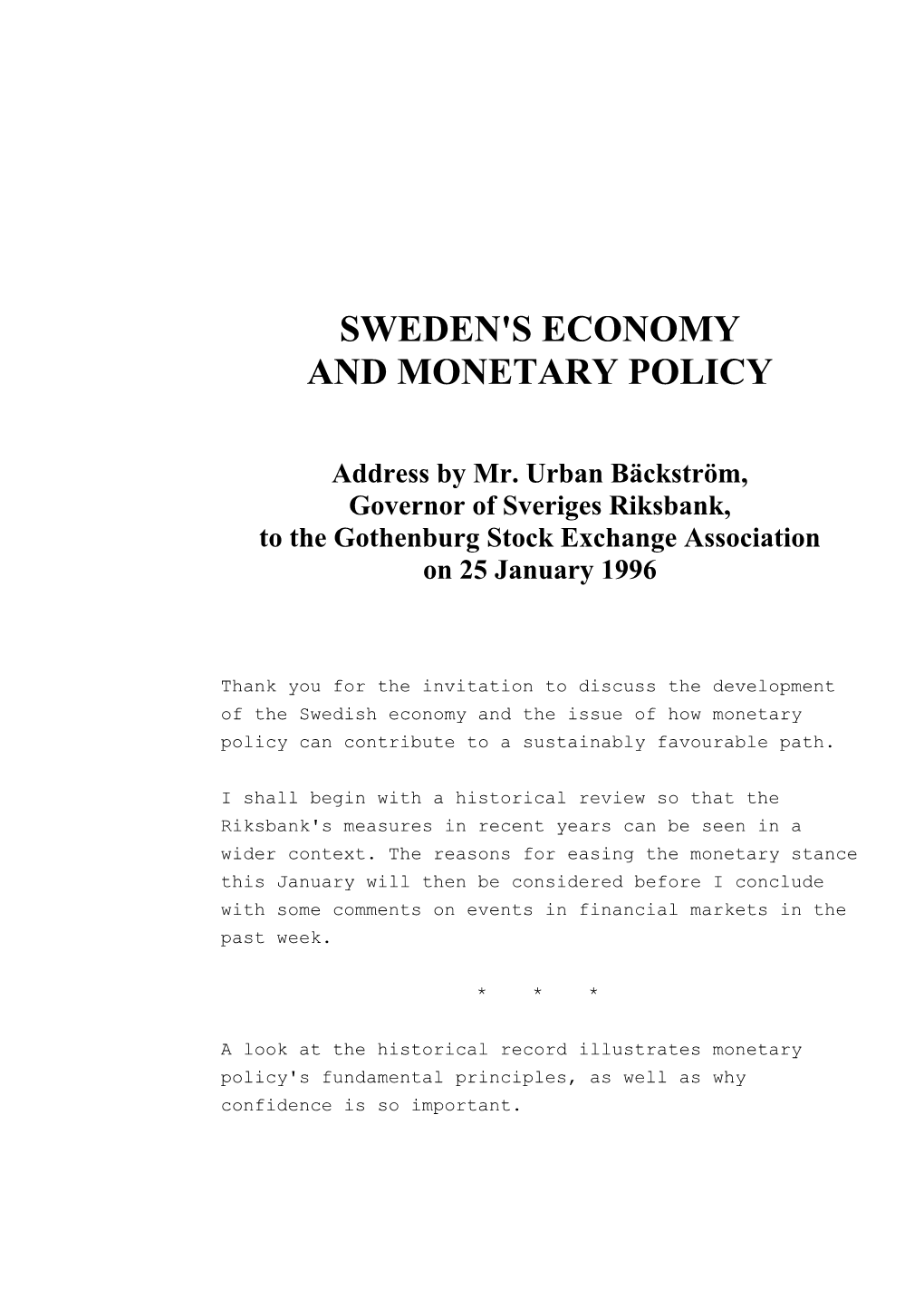 Sweden's Economy and Monetary Policy