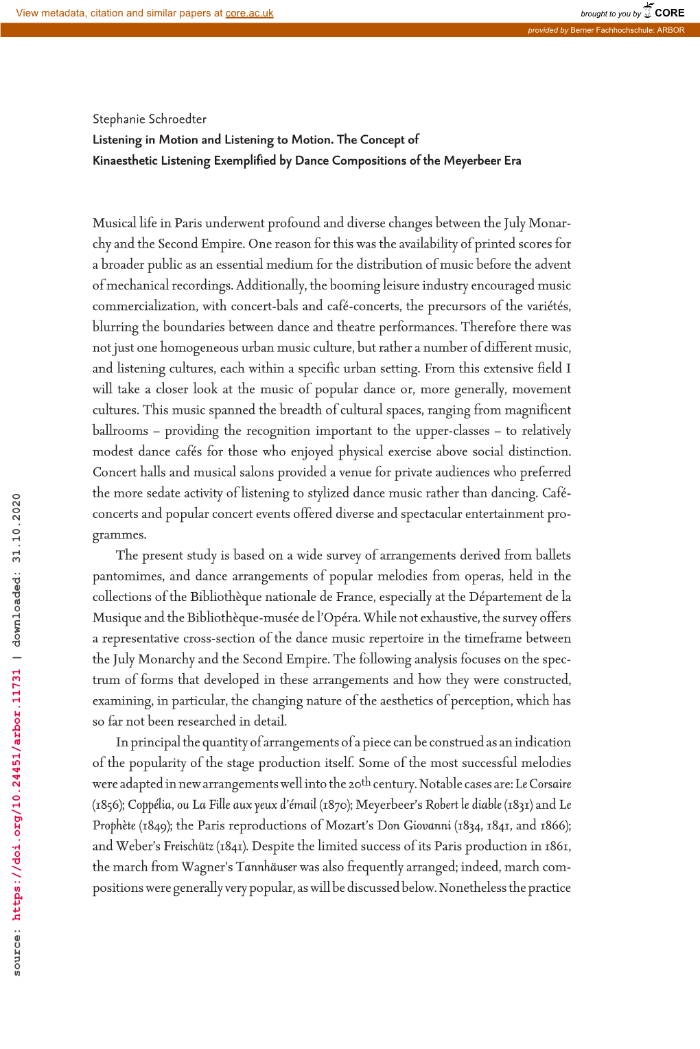 Stephanie Schroedter Listening in Motion and Listening to Motion. the Concept of Kinaesthetic Listening Exemplified by Dance Compositions of the Meyerbeer Era