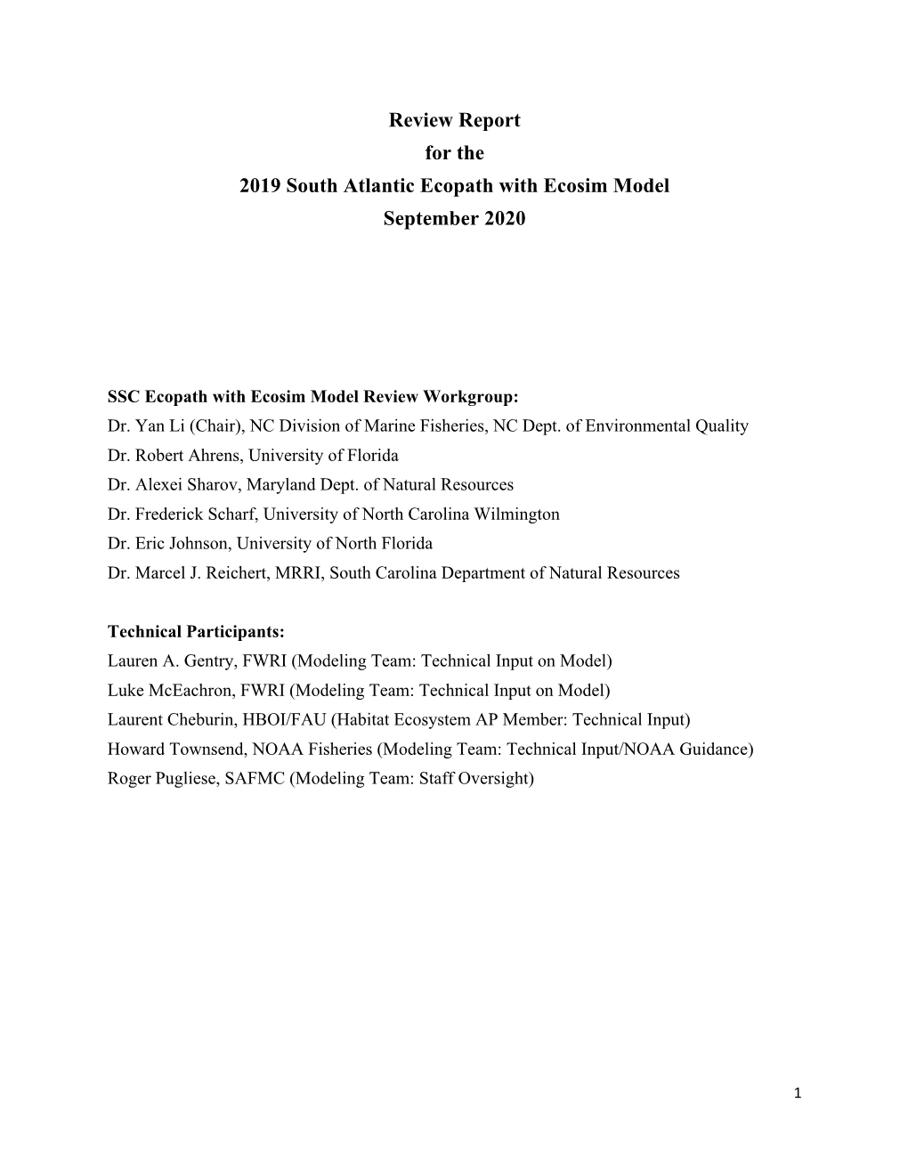 Review Report for the 2019 South Atlantic Ecopath with Ecosim Model September 2020