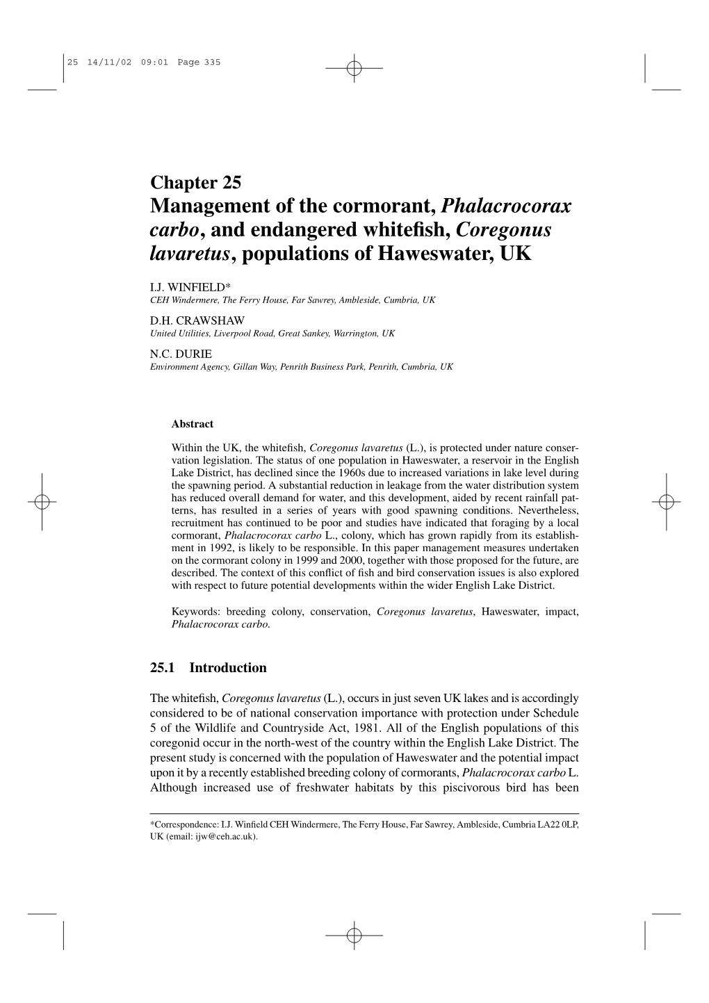 Management of the Cormorant, Phalacrocorax Carbo, and Endangered Whitefish, Coregonus Lavaretus, Populations of Haweswater, UK