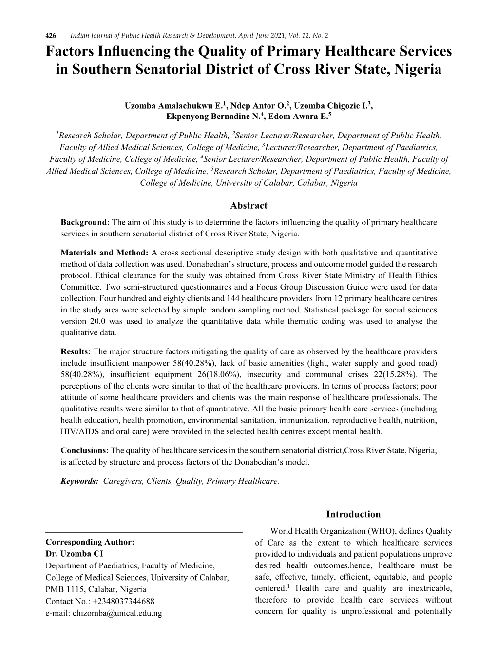 Factors Influencing the Quality of Primary Healthcare Services in Southern Senatorial District of Cross River State, Nigeria