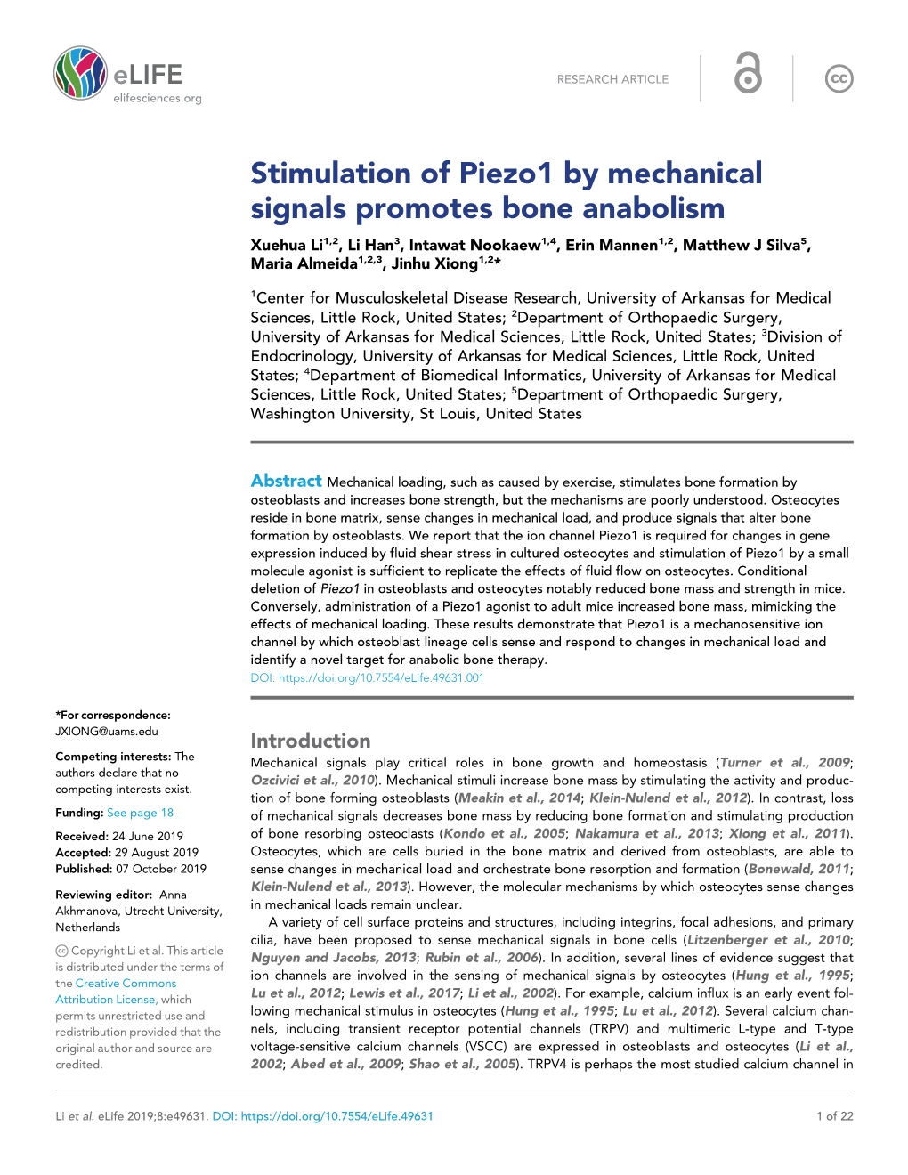 Stimulation of Piezo1 by Mechanical Signals Promotes Bone Anabolism