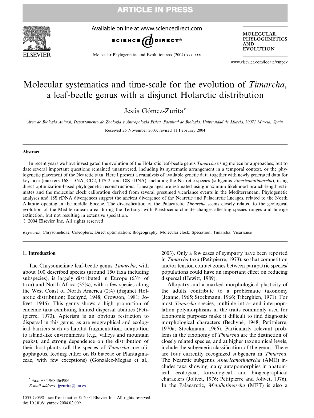 Molecular Systematics and Time-Scale for the Evolution of Timarcha, a Leaf-Beetle Genus with a Disjunct Holarctic Distribution