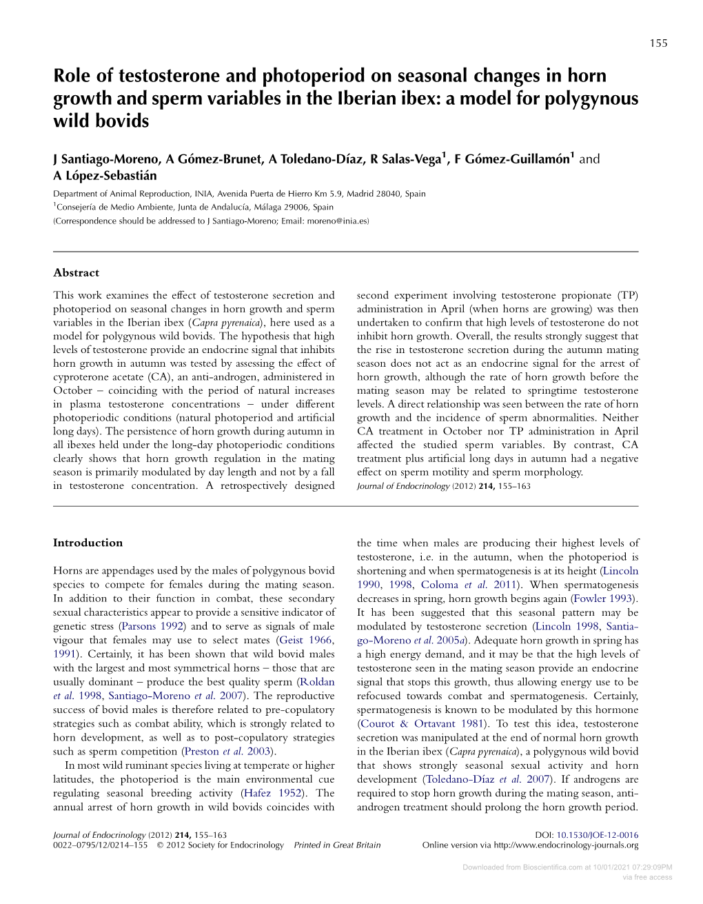 Role of Testosterone and Photoperiod on Seasonal Changes in Horn Growth and Sperm Variables in the Iberian Ibex: a Model for Polygynous Wild Bovids