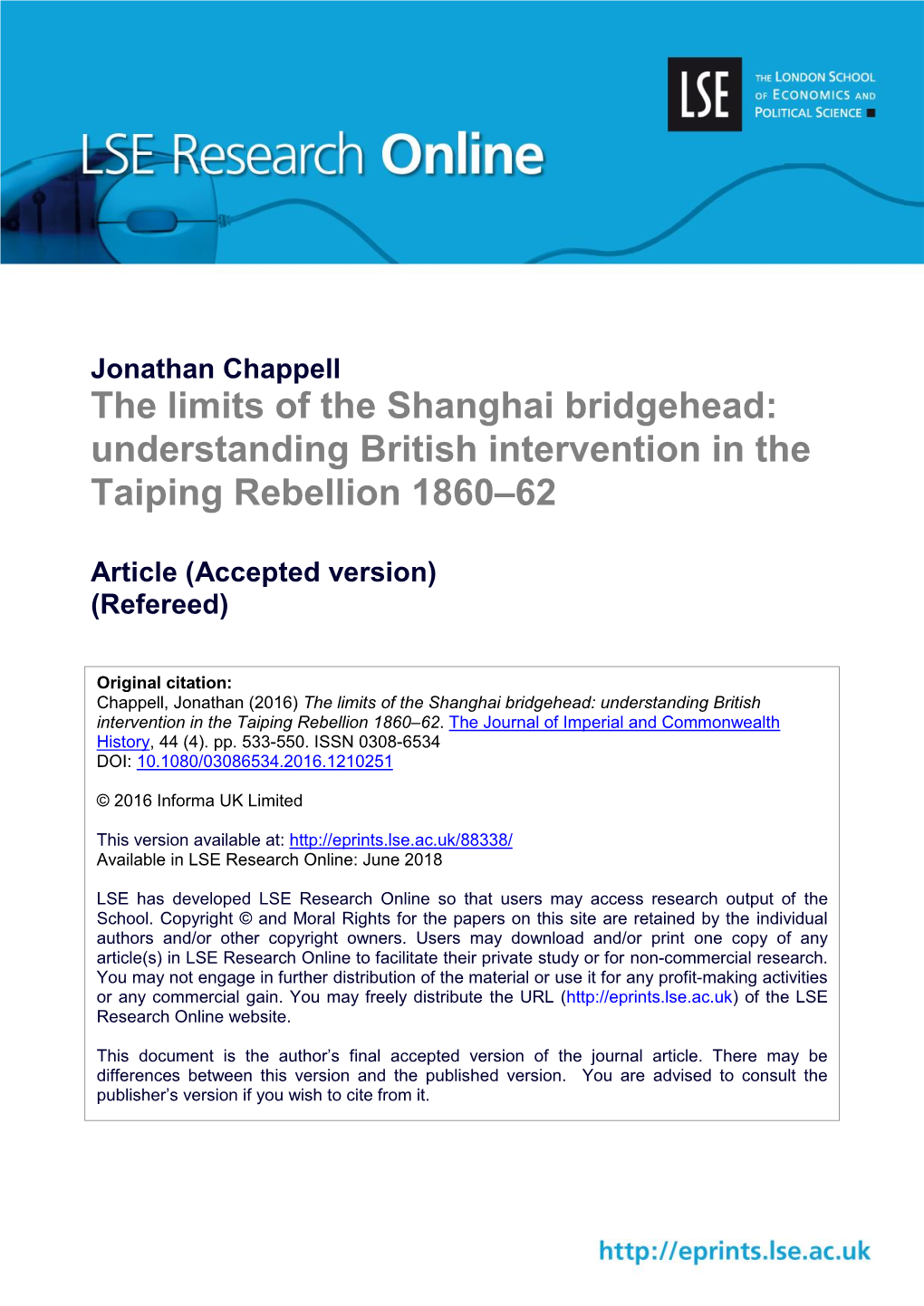 The Limits of the Shanghai Bridgehead: Understanding British Intervention in the Taiping Rebellion 1860–62