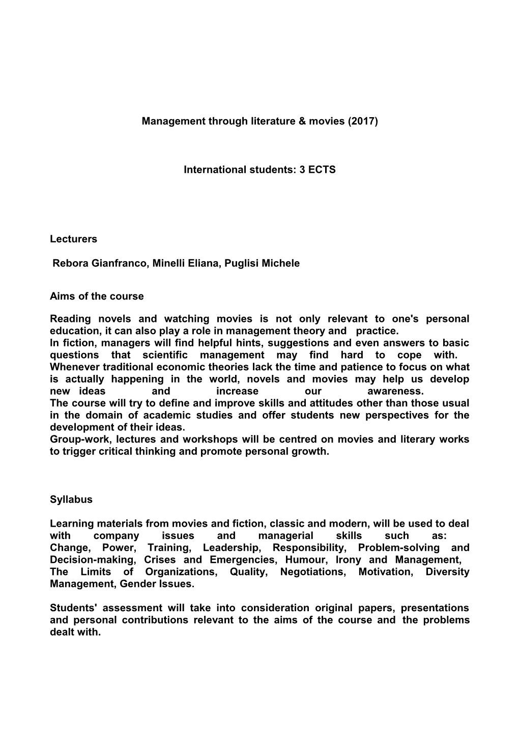 Management Through Literature & Movies - Anno Accademico 2010/2011