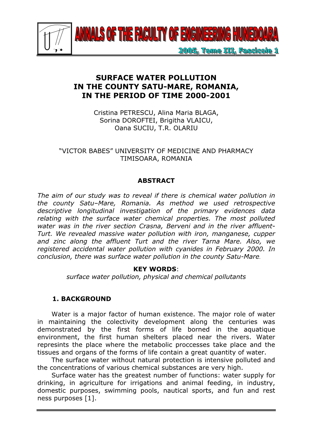 Surface Water Pollution in the County Satu-Mare, Romania, in the Period of Time 2000-2001