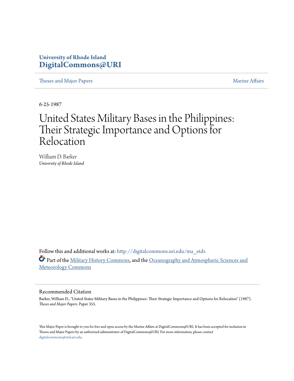 United States Military Bases in the Philippines: Their Trs Ategic Importance and Options for Relocation William D