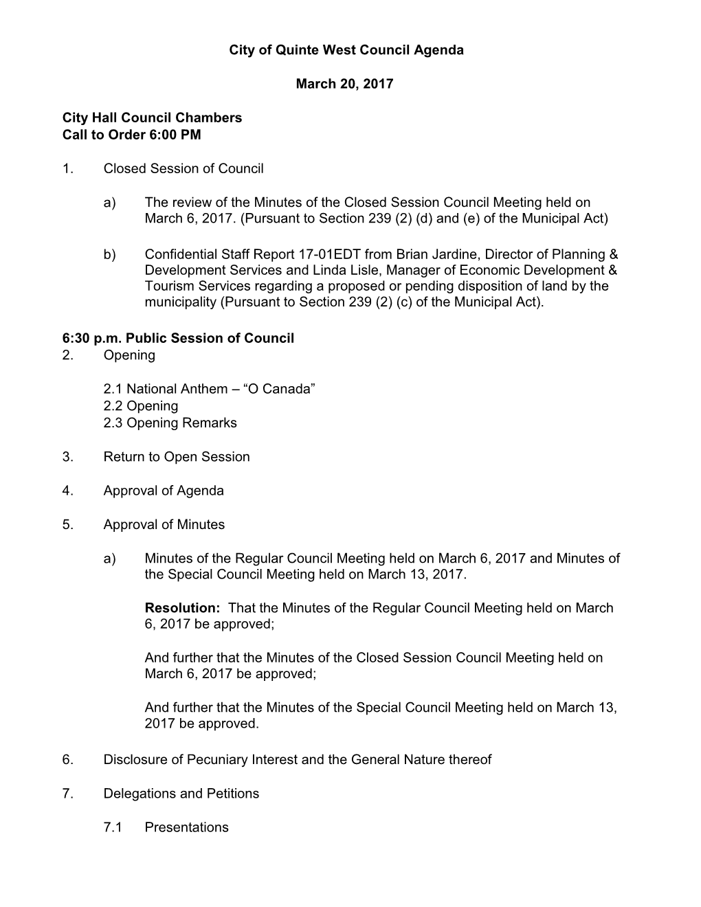 City of Quinte West Council Agenda March 20, 2017 City Hall Council