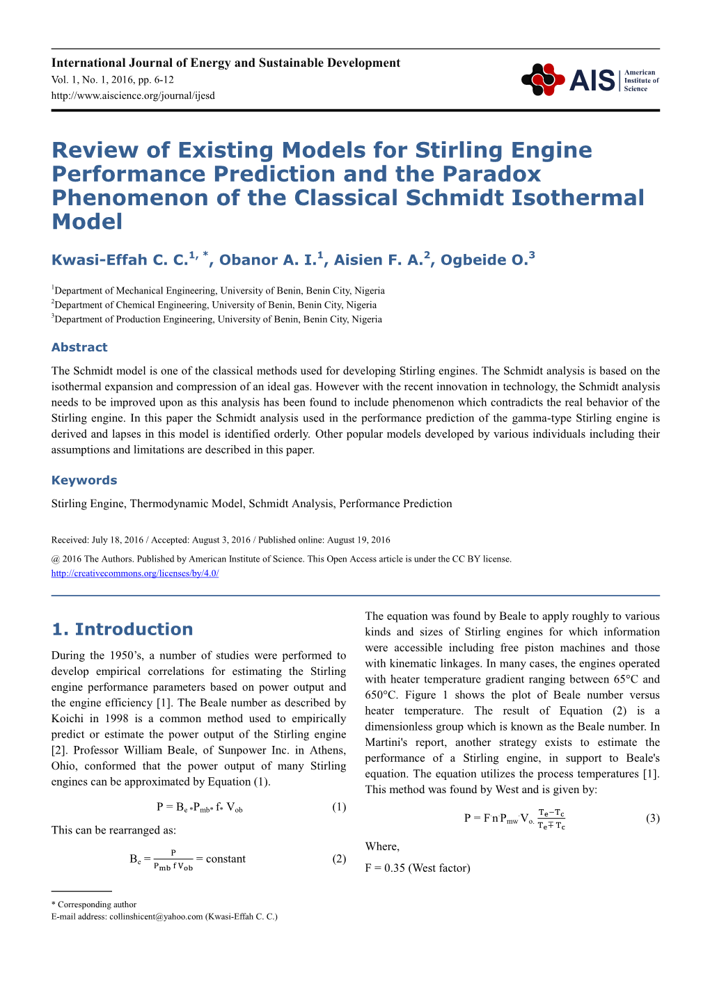 Review of Existing Models for Stirling Engine Performance Prediction and the Paradox Phenomenon of the Classical Schmidt Isothermal Model