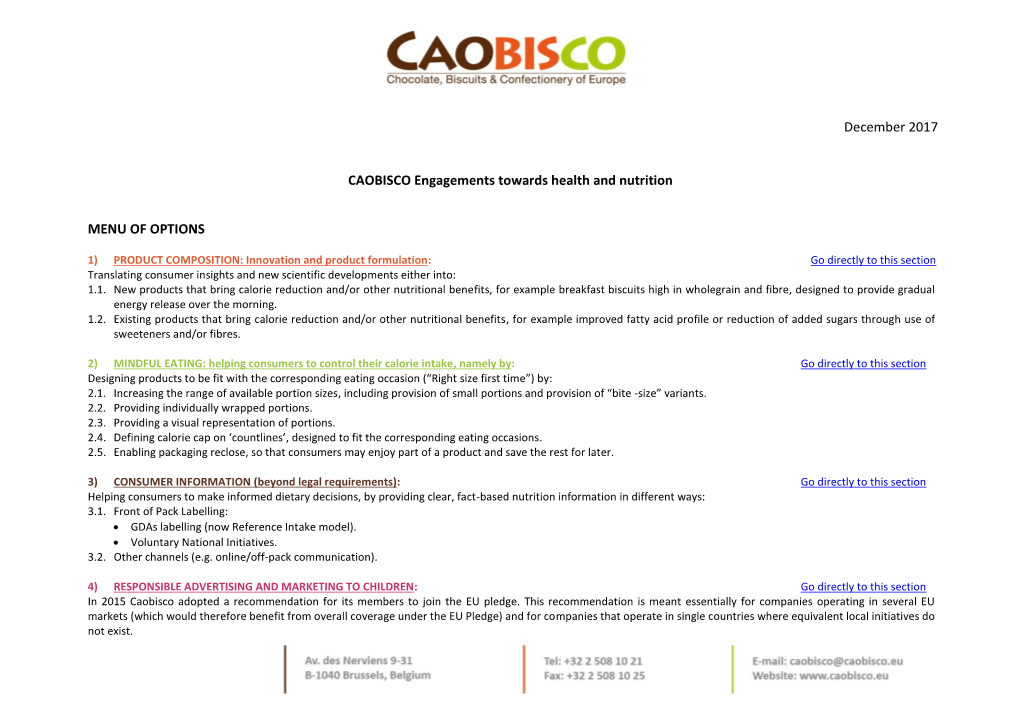 CAOBISCO Engagements on Nutrition and Health 2017 Update