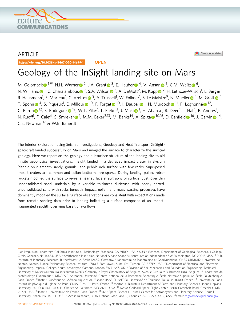 Geology of the Insight Landing Site on Mars ✉ M