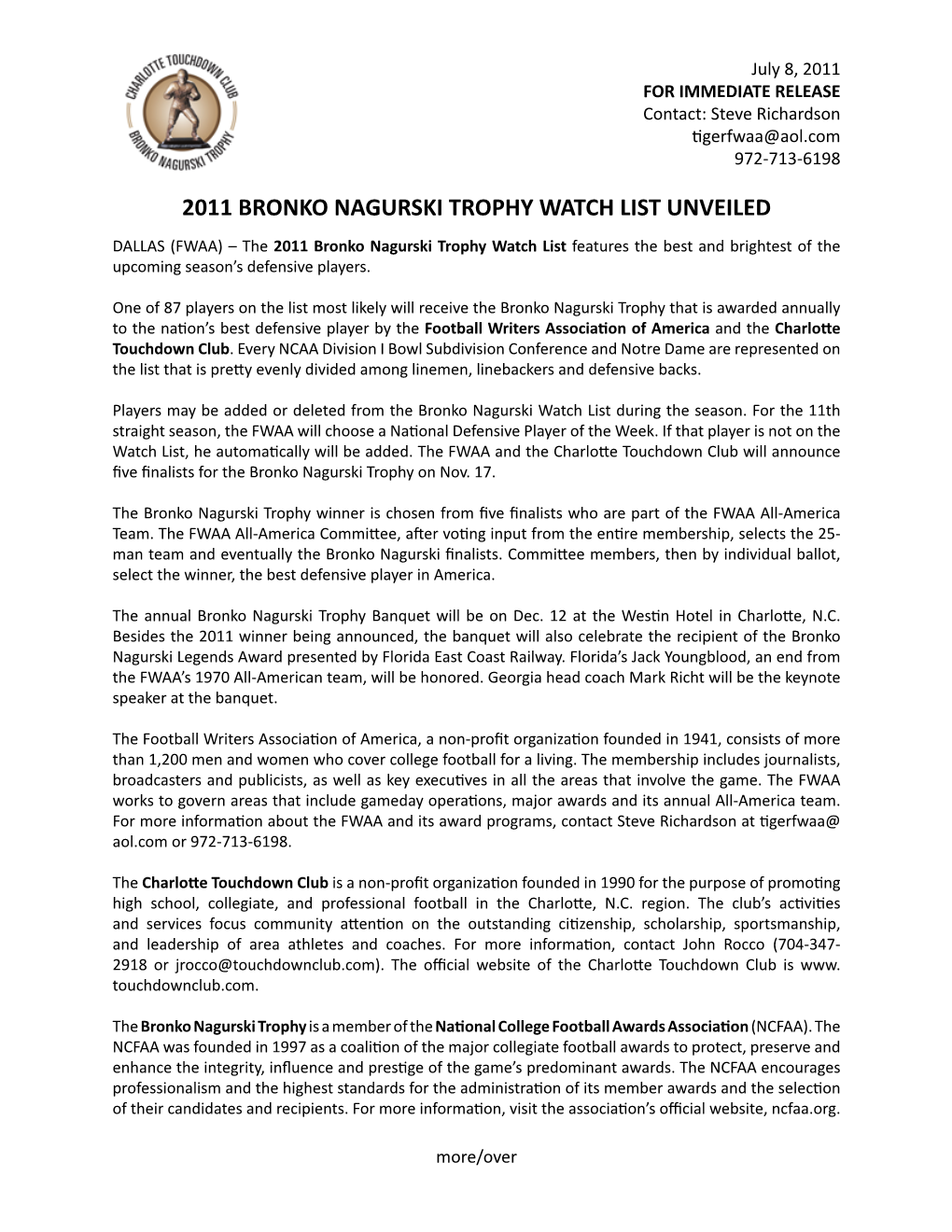 2011 Bronko Nagurski Trophy Watch List Unveiled