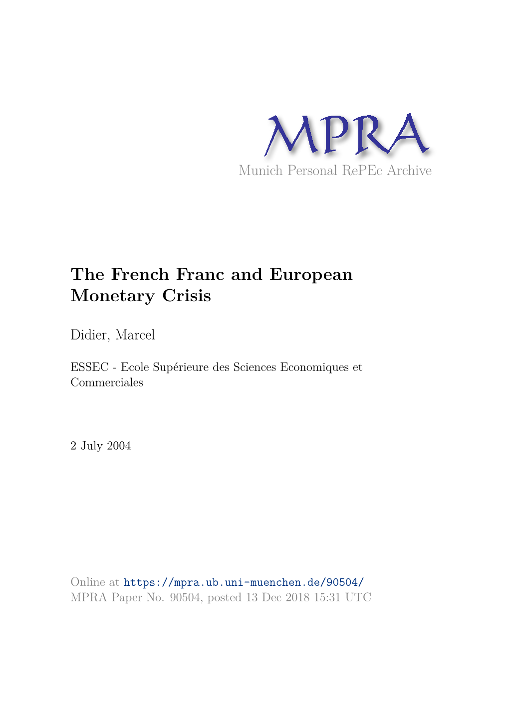 The French Franc and European Monetary Crisis