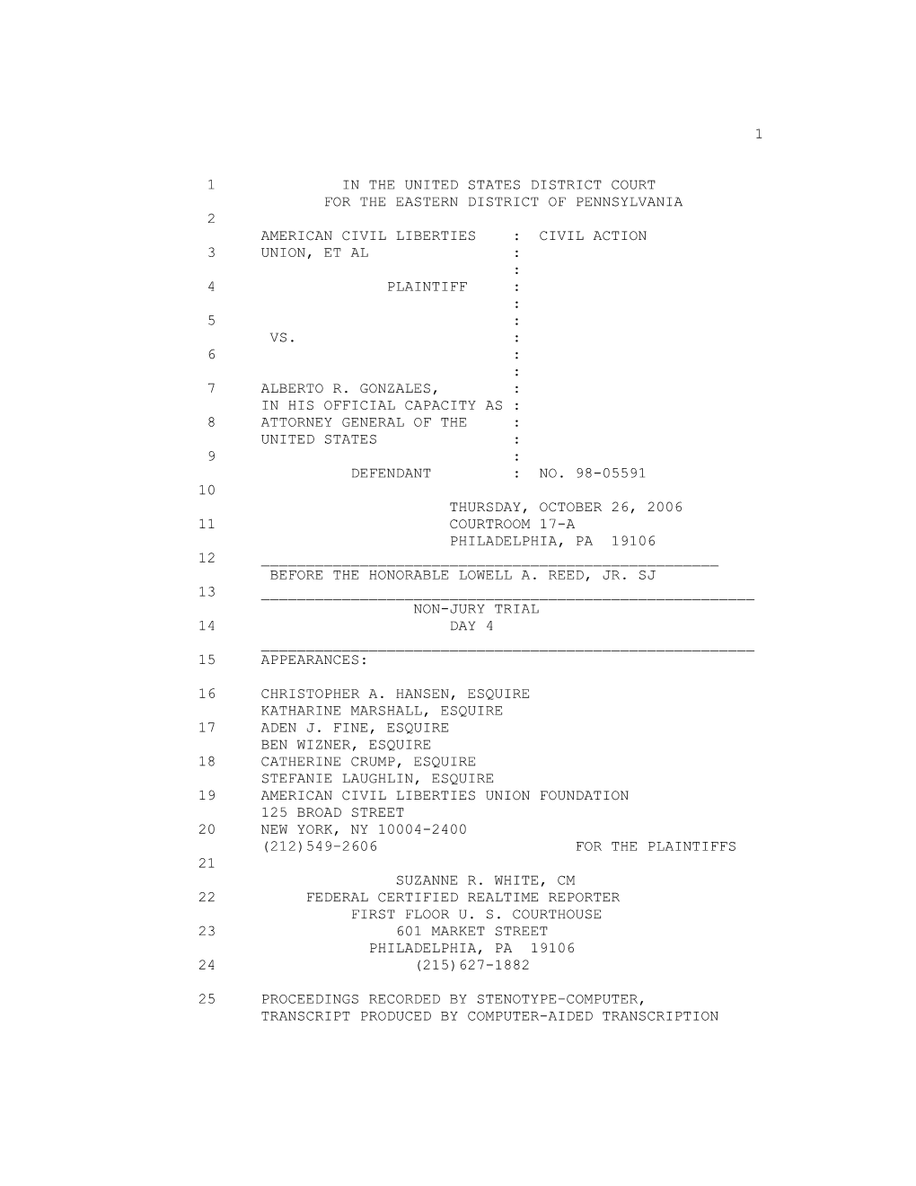 1 1 in the United States District Court for the Eastern District of Pennsylvania 2 American Civil Liberties : Civil Acti