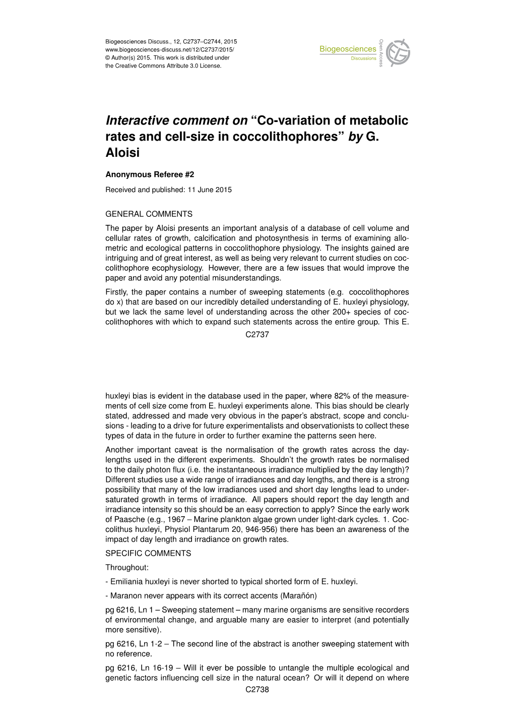 Co-Variation of Metabolic Rates and Cell-Size in Coccolithophores” by G