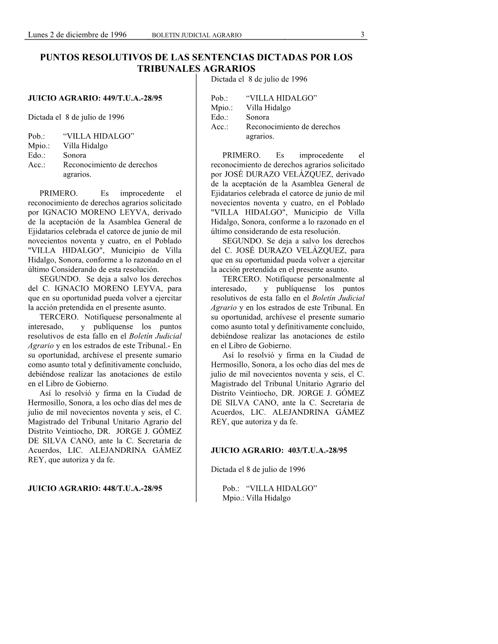 PUNTOS RESOLUTIVOS DE LAS SENTENCIAS DICTADAS POR LOS TRIBUNALES AGRARIOS Dictada El 8 De Julio De 1996