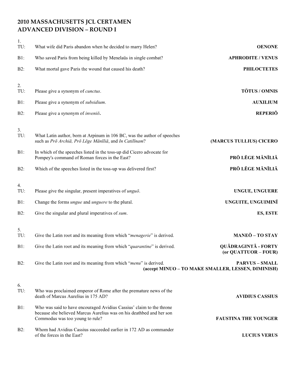 2010 Massachusetts Jcl Certamen Advanced Division – Round I