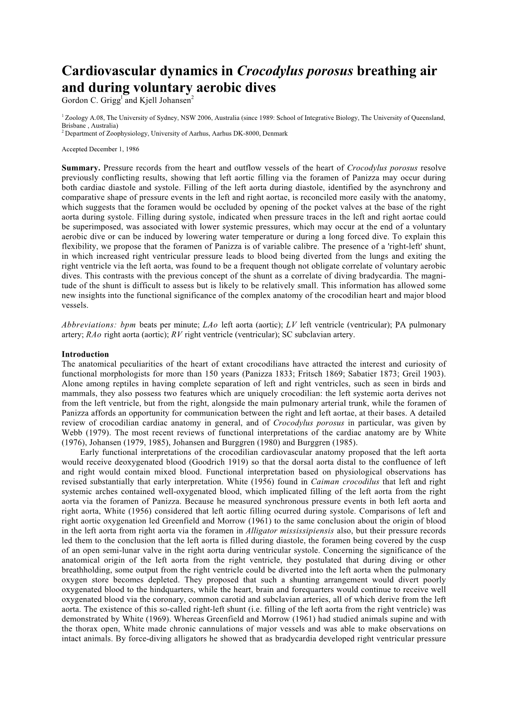 Cardiovascular Dynamics in Crocodylus Porosus Breathing Air and During Voluntary Aerobic Dives Gordon C