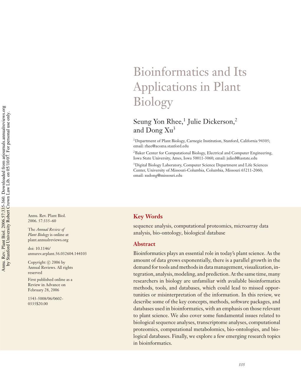 Bioinformatics and Its Applications in Plant Biology