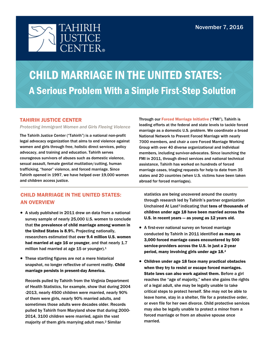 CHILD MARRIAGE in the UNITED STATES: a Serious Problem with a Simple First-Step Solution
