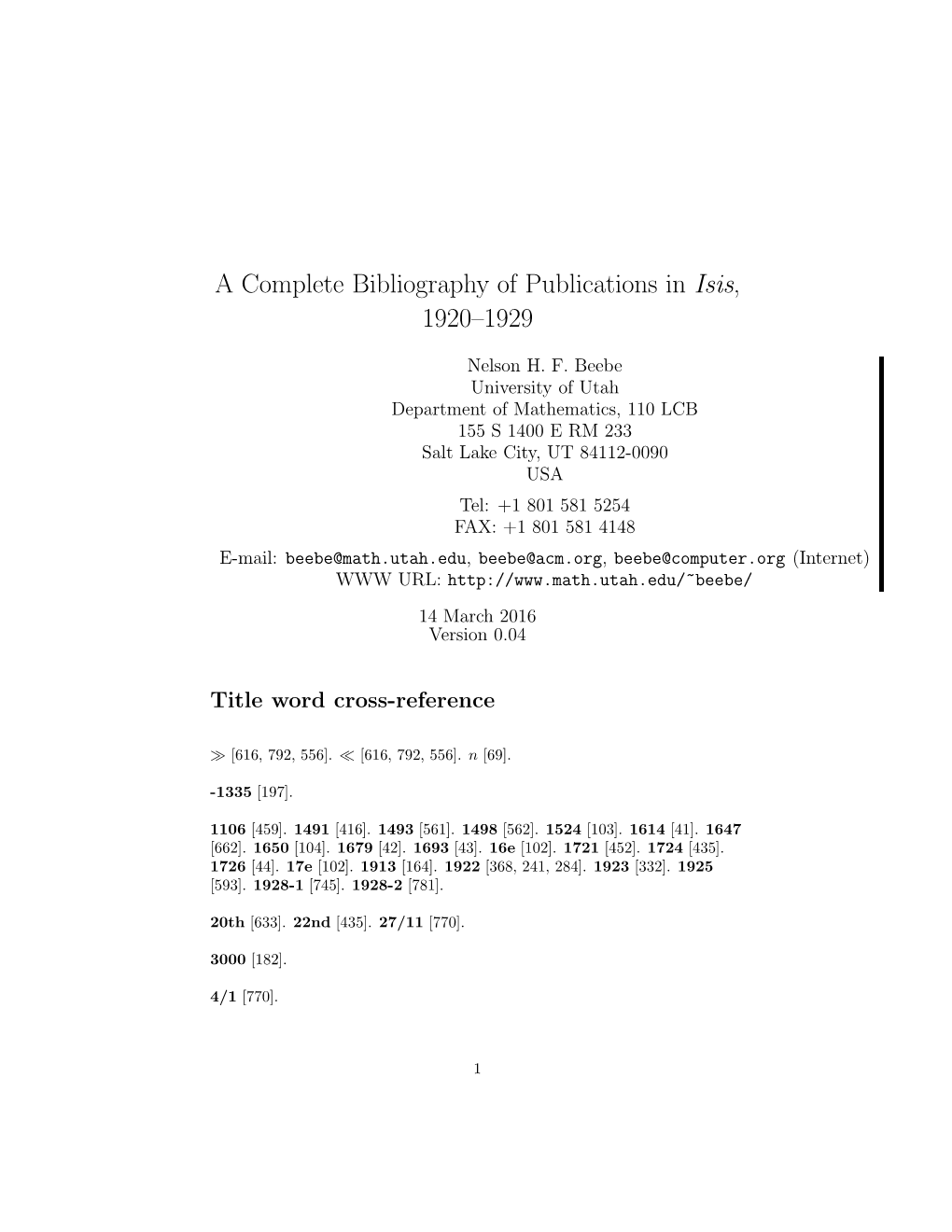 A Complete Bibliography of Publications in Isis, 1920–1929