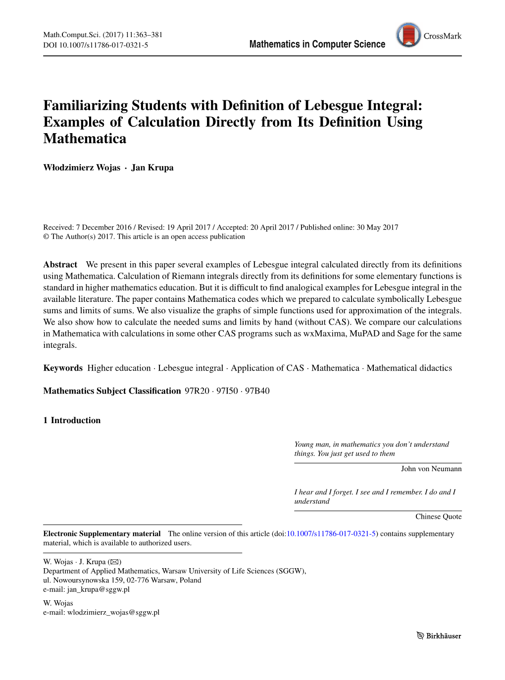 Familiarizing Students with Definition of Lebesgue Integral: Examples of Calculation Directly from Its Definition Using Mathemat