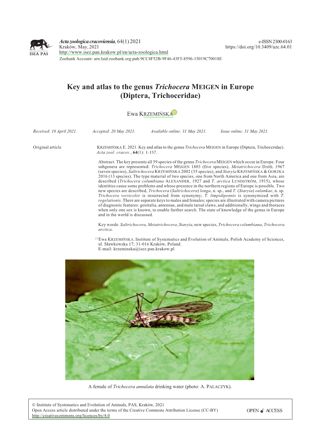 Key and Atlas to the Genus <I>Trichocera</I> MEIGEN in Europe