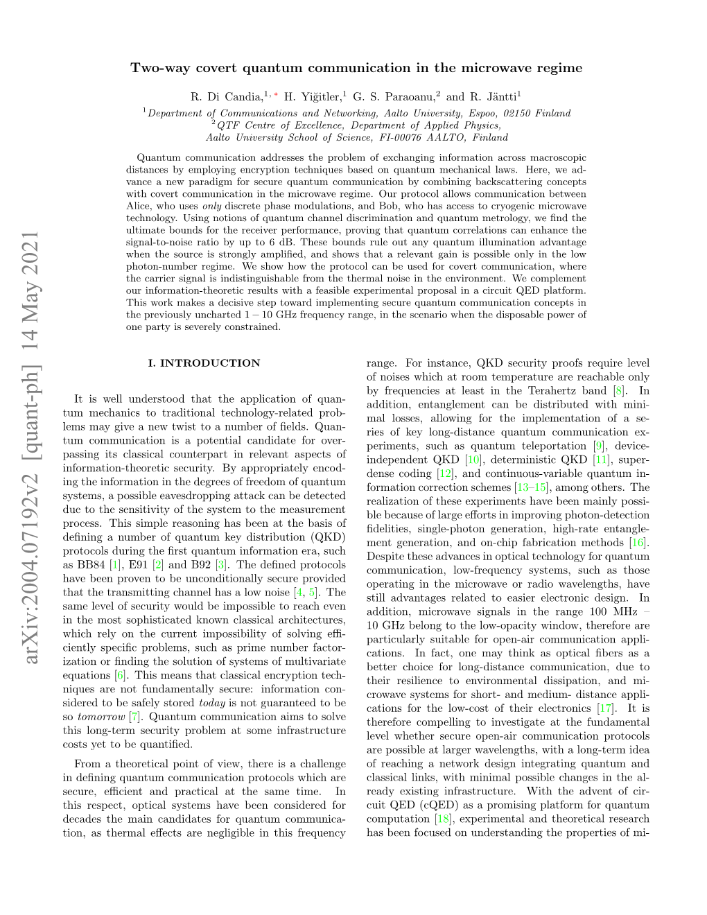 Arxiv:2004.07192V2 [Quant-Ph] 14 May 2021