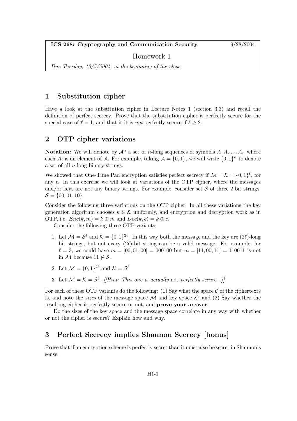 Homework 1 1 Substitution Cipher 2 OTP Cipher Variations 3 Perfect