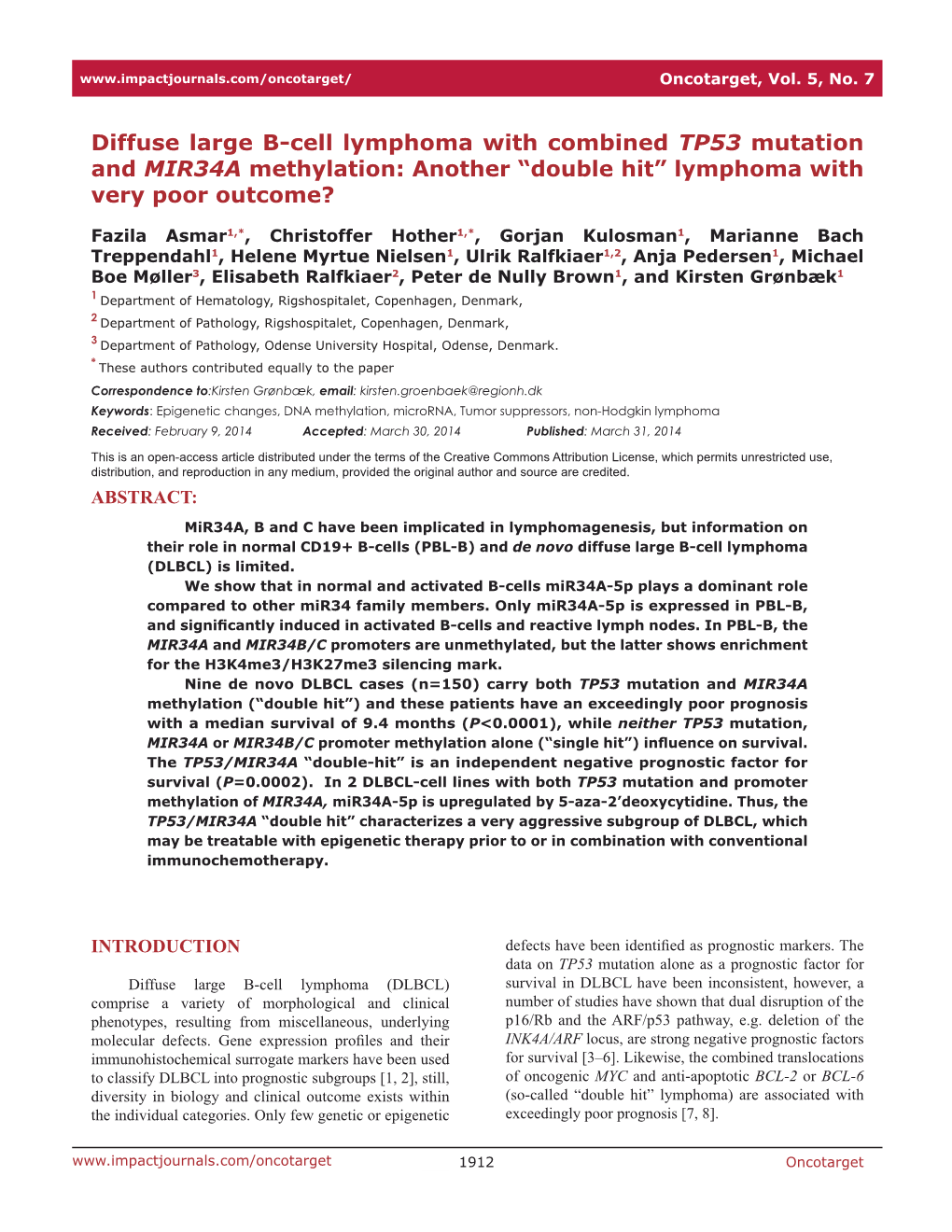 Diffuse Large B-Cell Lymphoma with Combined TP53 Mutation and MIR34A Methylation: Another “Double Hit” Lymphoma with Very Poor Outcome?