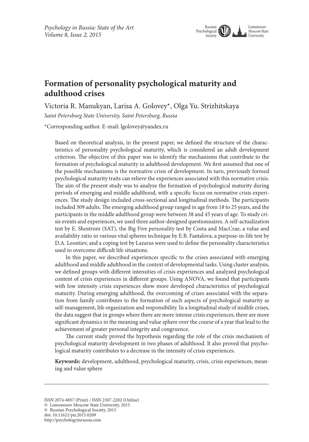 Formation of Personality Psychological Maturity and Adulthood Crises Victoria R